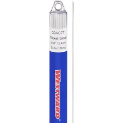 Nickel-silver brazing alloy, type RBCuZn-D, supplied as flux-coated rods. Each rod measures 3/32 in x 36 in, with a tensile strength of 70 ksi. Pack of 40. Used for joining steel, copper, and nickel alloys in applications such as HVAC, plumbing, and general fabrication.