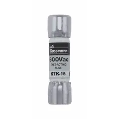 Fast-acting cylindrical fuse rated 15 A and 600 V AC. Midget size with 13/32 x 1-1/2 in dimensions. Non-indicating design. Used for overcurrent protection in control panels, motor starters, and lighting circuits.
