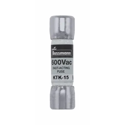 BUSSMANN Fuse: KTK Series, Midget, Fast-Acting, 15 A, 600 V AC, 13/32 in x 1 1/2 in - Fast-Acting Cylindrical Fuses
