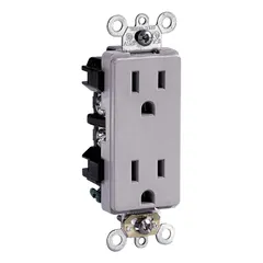 This decorator duplex receptacle is rated 125V AC, 15A with NEMA 5-15 configuration, 2-pole/3-wire grounding. It is designed for flush mounting in standard wall boxes and is suitable for general-purpose power distribution in residential, commercial, and industrial settings.