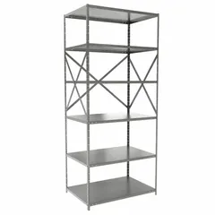 This heavy-duty standalone open metal shelving unit is constructed of steel with a gray finish. It measures 36 inches by 24 inches, has an overall height of 84 inches, and includes six shelves. Suitable for organizing tools, parts, and bulk materials in industrial warehouses, factories, and distribution centers. Supplied unassembled.