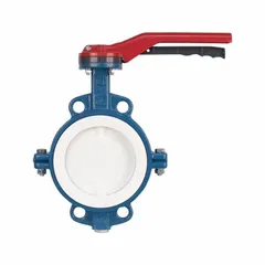 Concentric wafer-style butterfly valve with ductile iron body, PTFE and FKM seals, and stainless steel disc. Lever handle for on-off flow control in general-service industrial piping systems. Rated 250 psi CWP.