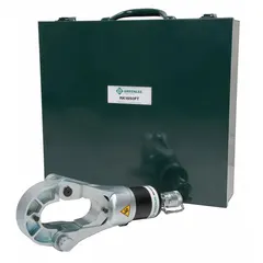 Remote hydraulic crimping head with P-Die/U-Die configuration and 3/8 in male screw-type coupler. Rated for copper conductors up to 1,500 kcmil and aluminum conductors up to 1,250 kcmil. Used for cable crimping in electrical installations and maintenance.