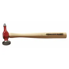 This carbon-steel pick hammer has a 10 oz head weight and 4 in head length, with an overall length of 12 in and width of 4 in. Designed for shaping and smoothing metal panels in auto body repair, it enables precise striking for dent removal and panel alignment.