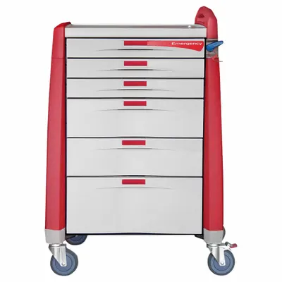 CAPSA HEALTHCARE Emergency Cart: Polymer, (1) Swivel with Brake/(3) Swivel, Red - General Medical Supply Carts with Drawers