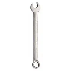 This metric combination wrench features a 12-point box end and an open end, both sized at 25 mm. The offset design provides clearance over obstructions. Overall length is 13 1/8 in. Suitable for tightening or loosening metric fasteners in mechanical and maintenance tasks.