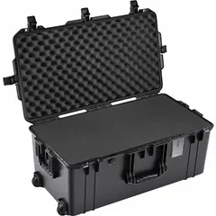 This PELICAN case is a lightweight protective enclosure with interior dimensions of 14 1/8 in x 28 1/8 in x 11 3/4 in. It includes convoluted, pick and pluck, and solid foam inserts for customizable cushioning. The case closes with press and pull latches and is not carry-on size. Suitable for transporting sensitive equipment such as cameras, electronics, or tools.