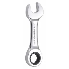 This SAE 12-point ratcheting combination wrench features an 11/16 in head size and 4 7/8 in overall length. Constructed from alloy steel with a chrome finish, it is a standard (non-reversible) model. The ratcheting box end enables faster fastener turning without repositioning, suitable for tightening or loosening fasteners in general mechanical tasks.