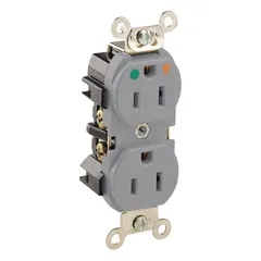 Specification grade duplex receptacle rated 125V AC, 15 A, 2-pole/3-wire with NEMA 5-15R configuration. Isolated ground design in gray. Suitable for use in commercial and institutional environments requiring enhanced grounding integrity.