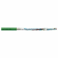 Servo motor feedback cable with (4) pair 26 AWG and (4) 20 AWG conductors, green PVC jacket, no ground. Sold by the foot. Minimum bend radius factor: 8 x OD fixed, 12 x OD flexible. Used for transmitting encoder or resolver signals in motion control systems.