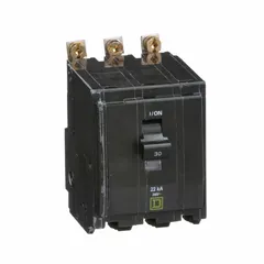Three-pole bolt-on miniature circuit breaker rated 30 A at 120/240V AC, three-phase, with a maximum interrupting rating of 22kA at 120/240V AC. Suitable for overcurrent protection in commercial and industrial power distribution systems. Designed for use with Square D NQOD panelboards.