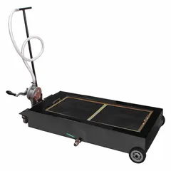 This low-profile truck drain collects waste fluids such as oil and coolant during vehicle maintenance. Constructed of cast iron and steel with a black finish, it has an 18 gal capacity, 49 in overall length, and 7 1/2 in overall height. Suitable for positioning under vehicles in industrial workshops and fleet service bays.