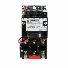 This SQUARE D non-reversing magnetic motor starter is a NEMA Size 0 unit rated at 18 A with a 24V AC coil. It features three poles for three-phase applications and screw clamp terminals. The starter requires three melting alloy thermal units (not included) for overload protection. It is suitable for controlling motors in industrial equipment such as pumps, conveyors, and compressors.