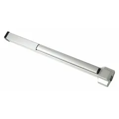Aluminum rim-type exit device with touchbar style and night latch outside trim. ADA compliant for accessible egress. Suitable for commercial and industrial doors up to 3 ft wide.