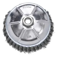 This cup brush is designed for heavy cleaning and surface preparation on contoured carbon steel surfaces. It features standard twist knot wire bristles with a 0.023 in fill diameter and a 4 in diameter. The brush connects via a 5/8"-11 arbor hole, suitable for aggressive removal of rust, scale, and weld splatter