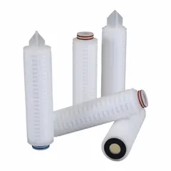 Pleated water filter cartridge with polypropylene media, 0.2 micron rating, 5 gpm flow rate, and 10-inch overall height. Used for fine filtration in water purification systems, suitable for sediment and particulate removal in residential, commercial, and industrial applications.