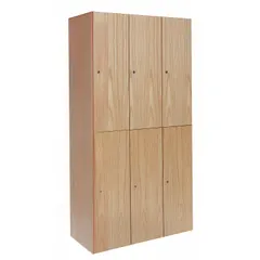 Solid wood wardrobe locker with keyed locking, 2 tiers and 3 units wide. Constructed from plywood with a light wood finish. Suitable for storing clothing and personal items in workplaces, schools, and similar settings.
