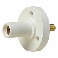 Female single pole receptacle from Series 15 with straight taper nose mating and threaded stud terminations. Rated 150 A. White housing. Suitable for high-current connections in industrial power distribution systems, switchboards, panelboards, and generator hookups.