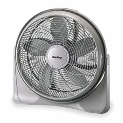 This AIR KING floor fan features a 20-inch polypropylene blade and operates at three speeds on 120V AC power. It is non-oscillating, measuring 24 3/4 inches high and 6 3/4 inches wide. Suitable for general air circulation in home and office indoor spaces.