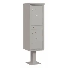 Vertical, lockable parcel locker with two doors and front access. Measures 62 inches high by 16 inches wide by 18 inches deep. Gray finish. Designed for pedestal mounting to secure package deliveries in multi-tenant or commercial settings.
