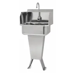 This one-station freestanding hand sink with faucet features a 17 in bowl length and 7 in bowl depth. It includes a side splash and operates with a 0.5 gpm flow rate, powered by AC power. Suitable for commercial handwashing applications where a compact, self-contained sink is needed.