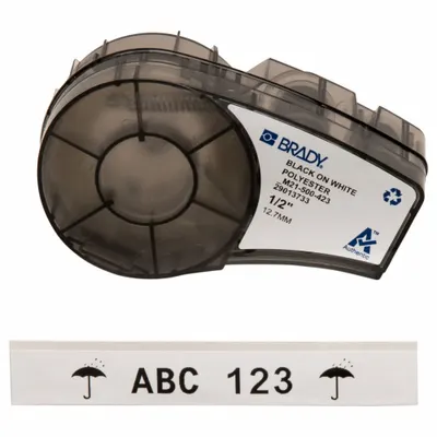 BRADY Combined Label and Ribbon Cartridge: 1/2 in x 21 ft, Polyester, White (Gloss) - Brady Thermal Transfer Continuous Label Roll Cartridges