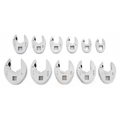 This 11-piece SAE ratcheting open end crowfoot wrench set features a chrome finish and 3/8 in drive size with 6-point design. Suitable for accessing fasteners in confined spaces where standard sockets or wrenches cannot reach, such as on brake lines, fuel fittings, and hydraulic connections.