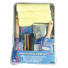 This 14-piece paint roller kit includes a 9-inch roller with a 3/8-inch nap knit fabric cover and a tray. Designed for use with all paint types on smooth, all-purpose surfaces. Suitable for general painting preparation in industrial and maintenance settings.