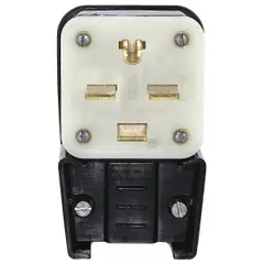 Angled straight blade plug rated 30 A at 250V AC, 3-pole 4-blade configuration with NEMA 15-30P design. Black nylon housing accepts cable diameters from 0.375 to 0.875 inches. Suitable for connecting heavy-duty equipment in industrial and commercial settings where space constraints require a compact plug profile.