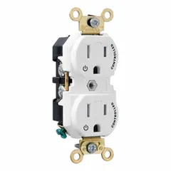 This Leviton duplex receptacle is rated 15A at 125V AC with a NEMA 5-15 configuration, 2-pole/3-wire grounding. The white thermoplastic face is suitable for flush mounting in standard wall boxes. Typical applications include general-purpose power outlets in residential, commercial, and industrial settings.