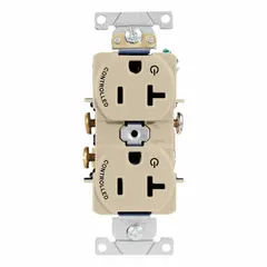 General-purpose duplex receptacle rated 20 A, 125 V AC with NEMA 5-20 configuration, 2-pole/3-wire grounding. Ivory finish. Suitable for powering equipment in commercial and industrial environments requiring 20 A circuits.
