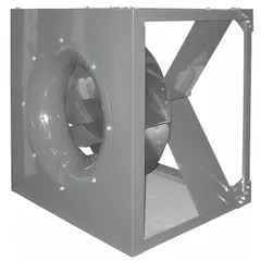 Unassembled belt-drive blower with a 13 1/2 in backward-curved wheel. Airflow range of 695 cfm to 2,233 cfm depends on the motor selected. Designed for integration into custom air-handling systems for ventilation and exhaust applications.