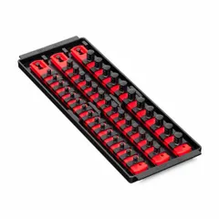 Red plastic socket rail with 40 posts/slots and an overall width of 5 5/16 inches. Includes I.D. stickers for socket identification. Used for organizing and storing sockets in workshops, garages, and industrial maintenance areas.