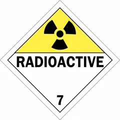 This BRADY placard displays the required 'Radioactive' message for identifying Class 7 hazardous materials during transport. Measuring 10 3/4 x 10 3/4 inches, it is designed for use on shipping containers and vehicles to indicate radioactive contents.