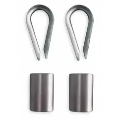 This clip and thimble kit is used for terminating wire rope in rigging and lifting applications. It includes two stainless steel thimbles with a plain finish. The kit secures the rope end and protects the loop from wear, suitable for material handling and industrial environments.