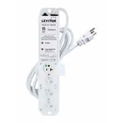 Healthcare power strip with 4 outlets, 7 ft cord, 20 A current, and 644 J surge protection. Features 5-20P plug and 5-20R receptacles, screw mounting, white finish. Suitable for power distribution in medical environments requiring reliable electrical supply.