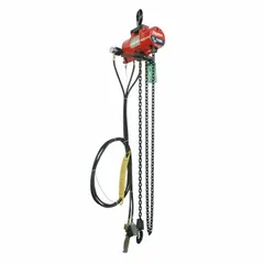Hook-mounted air hoist with 500 lb lifting capacity and 15 ft lift length. Features a swivel hook with safety latch and NPT connections. Designed for fixed-point lifting in industrial material handling, maintenance, and assembly operations.