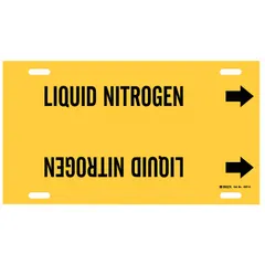 Yellow strap-on pipe marker with black legend 'Liquid Nitrogen' and directional arrows. Fits pipe outer diameters of 8 to 9-7/8 inches. Used to identify liquid nitrogen lines in piping systems for safety and maintenance.