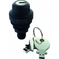 Panel-mounted key switch with 2NO contact form, 22 mm mounting size, and maintained/momentary action. Key removal in center position. Suitable for industrial control panels requiring key-operated access or safety interlock functions.