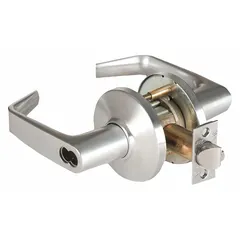 Classroom security lever lockset with 9K Contour Angle Return Lever in satin chromium-plated zinc finish. ADA compliant with Large Format Interchangeable Core (LFIC) capability and F87 function. Designed for educational facilities, allowing interior locking without leaving the room.