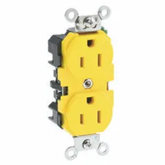 Duplex general-purpose receptacle rated 125V AC, 15 A, 2-pole/3-wire with grounding. Yellow nylon face provides high visibility and impact resistance. Designed for flush mounting in standard wall boxes for commercial and industrial applications.