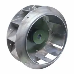 Backward-inclined blower wheel with 10 1/2 in diameter and 4 15/16 in width. Constructed from aluminum with center mounting and clockwise hub end rotation. Suitable for moving air or gas in ventilation and exhaust systems where stable airflow at higher static pressures is required.