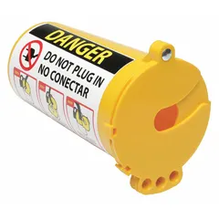 Yellow plastic encasing lockout cover for 2-prong plugs with a maximum plug diameter of 3 inches. Used in lockout/tagout procedures to prevent accidental equipment energization by physically blocking plug insertion.