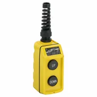 Thermoplastic enclosure pendant with two push buttons configured as 2NO, Up/Down legend, maintained/momentary action. Dead-end hub style. AC contact rating 1.5 A at 240 V, DC 0.55 A at 240 V. NEMA 4 rated. Suitable for remote control of cranes, hoists, and conveyors