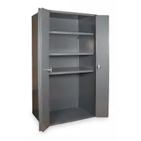 Stationary welded steel cabinet with gray powder-coated finish. Features a frame base, three adjustable shelves, and a swing handle with padlock hasp for security. Suitable for organized storage of tools, parts, and equipment in workshops, warehouses, and manufacturing facilities
