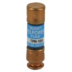 Fast-acting cylindrical fuse rated 10 A at 170 V DC. Part of the BUSSMANN TPN series. Used for overcurrent protection in telecommunications equipment and other DC power applications requiring a compact cylindrical form factor.