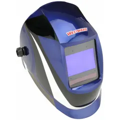 Auto-darkening welding helmet with a black/blue/white graphic nylon shell. Features 4 arc sensors, a digital control panel, and a viewing area of 3.82 x 2.44 inches. Welding shade range W5-13 with grind mode. Ratchet suspension adjustment for secure fit. Suitable for eye and face protection during MIG, TIG, and stick welding in fabrication, maintenance, and construction applications.