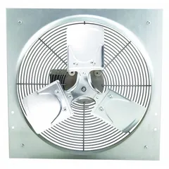 Standard direct-drive panel exhaust fan with an 18-inch blade, 1/4 hp motor delivering 2,652 cfm at 115V AC, single-phase. Features a totally enclosed air-over motor with Class B insulation, galvanized steel frame, stamped construction, and includes intake guards. Suitable for general ventilation in industrial and commercial facilities such as workshops, warehouses, and plant areas.