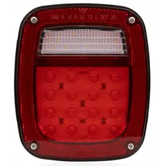 LED stop, turn, and tail combination light with a red lens and rectangular stud mount. Features a 5-pin connector for permanent installation. Meets SAE J593 standards. Commonly used on trailers, trucks, and heavy equipment for rear lighting functions.