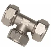 This brass compression tee fitting is used to branch compressed air lines in pneumatic systems. It features three 31/32 in OD connection sizes and is constructed from corrosion-resistant brass